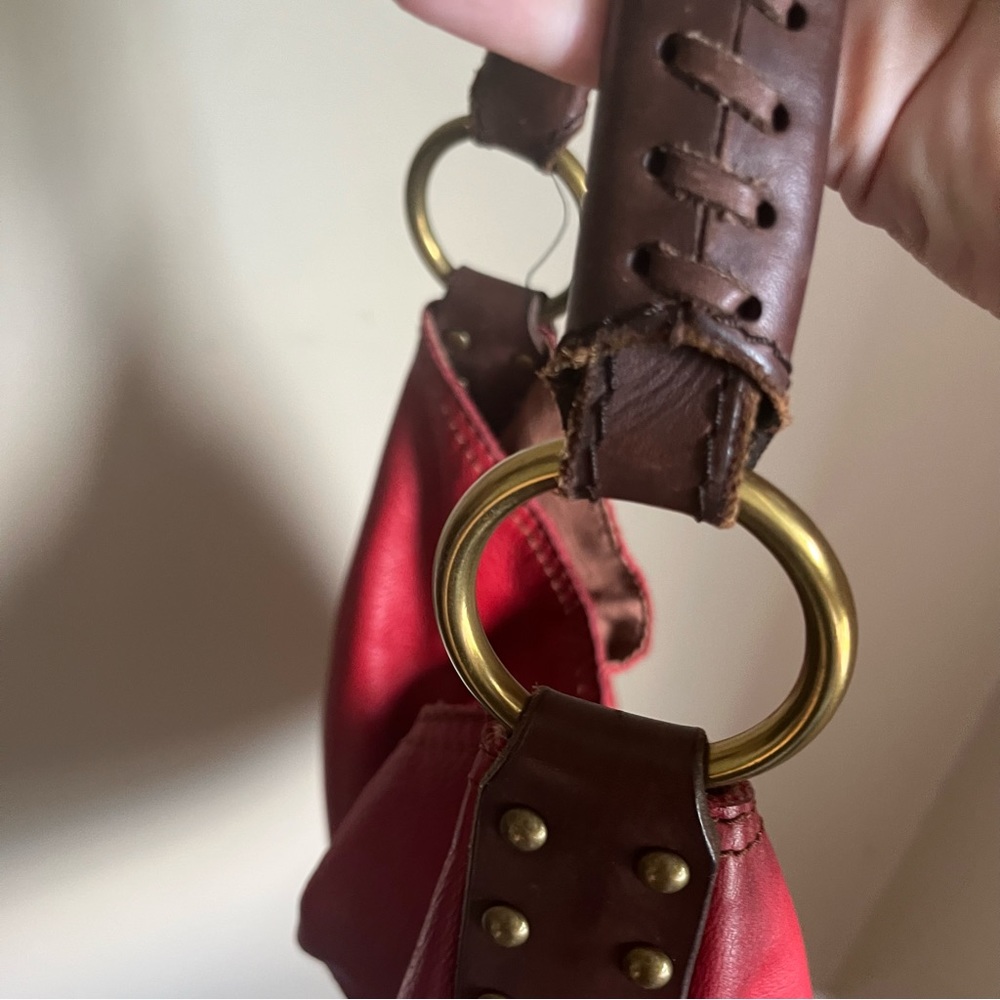 Lucky Brand Vintage Inspired Penny Whipstitch Red Leather Hobo Shoulder Bag - Picture 8 of 10